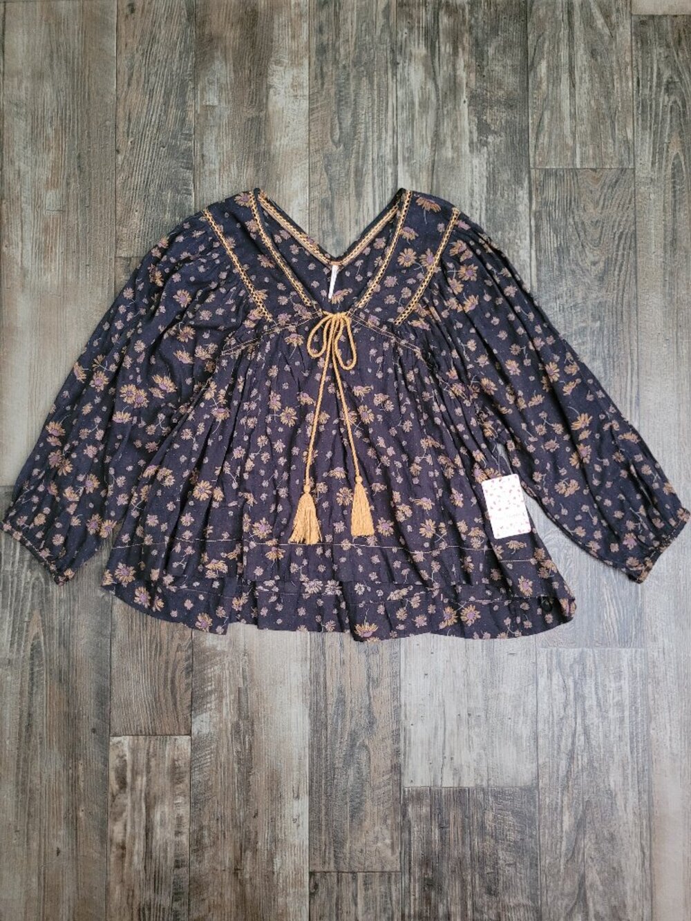 Free People Boho Floral Daisy Tassel Peasant Blouse Top
